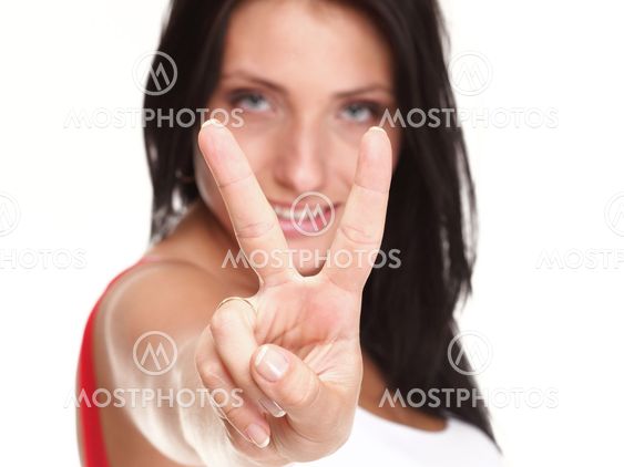 brunette girl smile shows you peace sign isolated