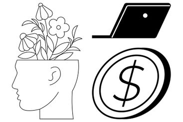 Head with blooming flowers, laptop, and dollar coin...