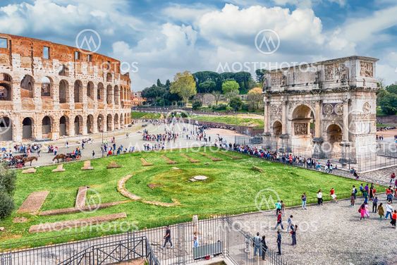 Aerial view of the Colosseum and Arch of Constantine, Rome