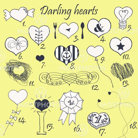 Set of stylized hand drawn hearts